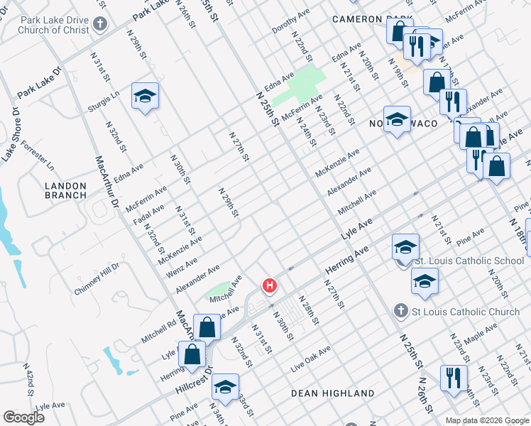map of restaurants, bars, coffee shops, grocery stores, and more near 2717 Alexander Avenue in Waco