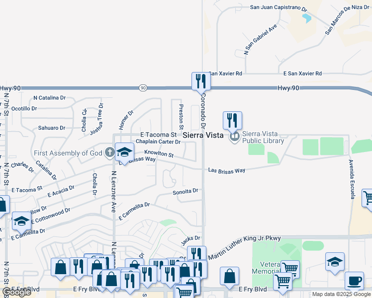 map of restaurants, bars, coffee shops, grocery stores, and more near 929 Leonard Wood Street in Sierra Vista