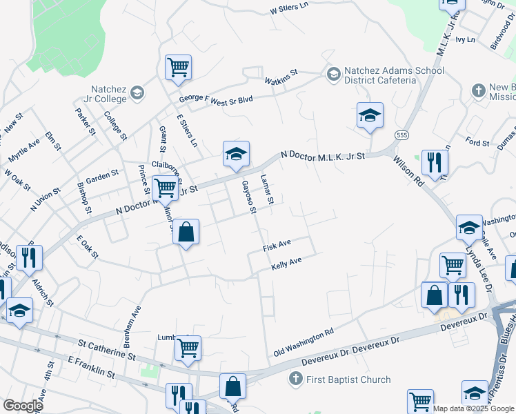 map of restaurants, bars, coffee shops, grocery stores, and more near 301 Gayosa Avenue in Natchez