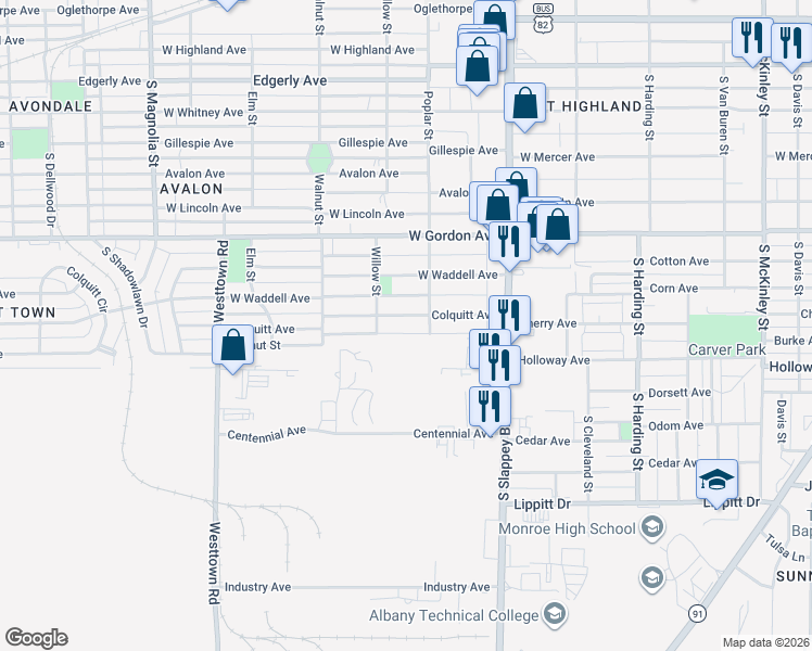 map of restaurants, bars, coffee shops, grocery stores, and more near 1202 Colquitt Avenue in Albany