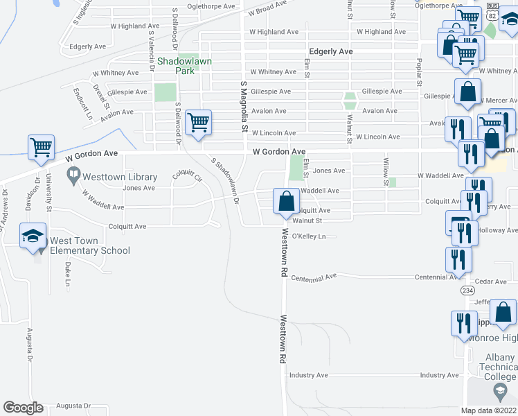 map of restaurants, bars, coffee shops, grocery stores, and more near 1698 Colquitt Avenue in Albany