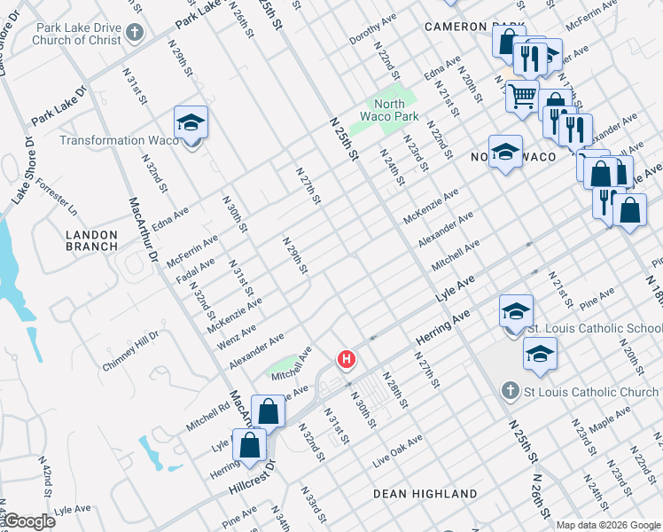 map of restaurants, bars, coffee shops, grocery stores, and more near 2800 McKenzie Avenue in Waco