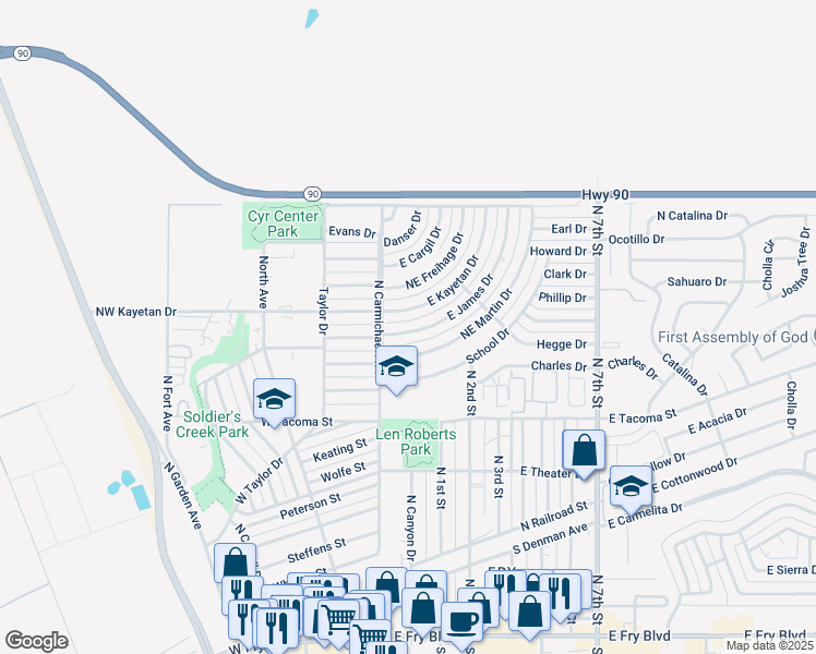 map of restaurants, bars, coffee shops, grocery stores, and more near 35 East James Drive in Sierra Vista