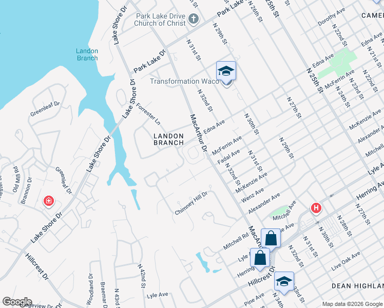 map of restaurants, bars, coffee shops, grocery stores, and more near 3343 Chimney Place Drive in Waco