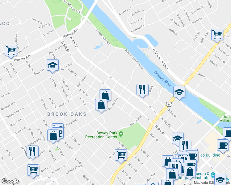 map of restaurants, bars, coffee shops, grocery stores, and more near 1316 North 5th Street in Waco
