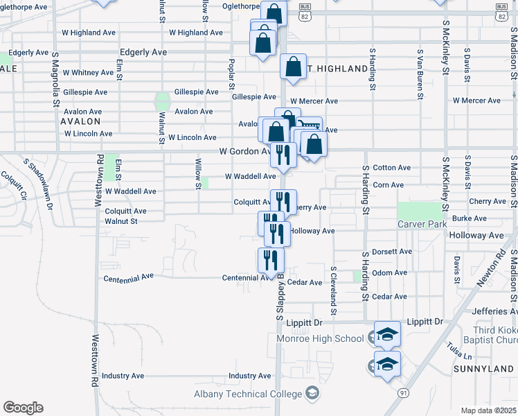 map of restaurants, bars, coffee shops, grocery stores, and more near 1110 Colquitt Avenue in Albany