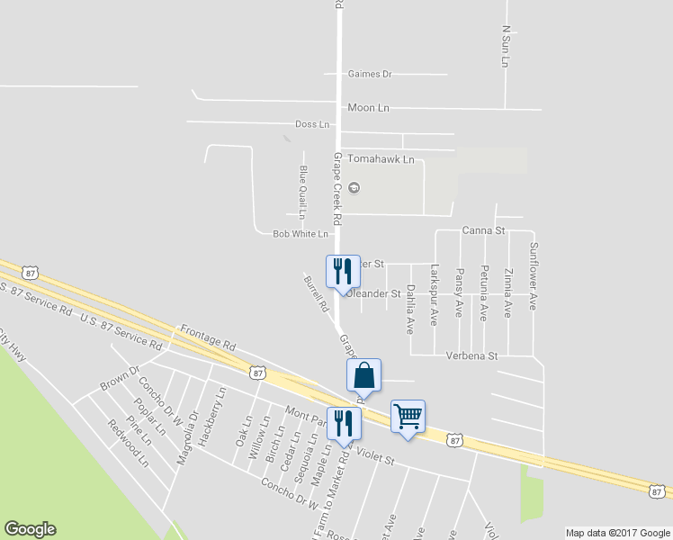 map of restaurants, bars, coffee shops, grocery stores, and more near 8575 Grape Creek Road in San Angelo