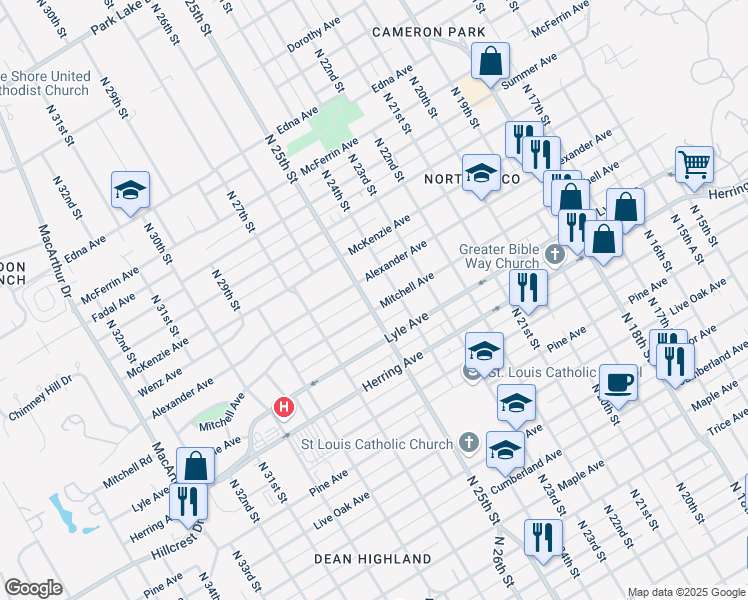 map of restaurants, bars, coffee shops, grocery stores, and more near 2509 Mitchell Avenue in Waco