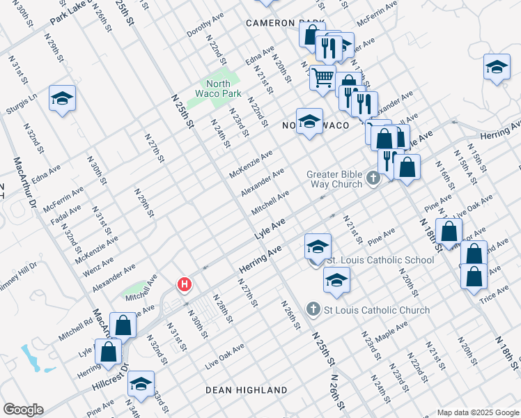 map of restaurants, bars, coffee shops, grocery stores, and more near 2507 North 25th Street in Waco