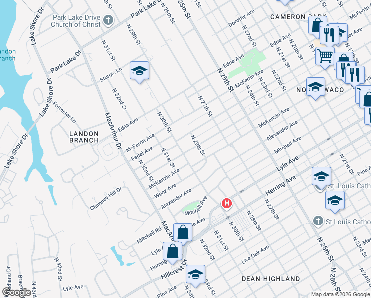 map of restaurants, bars, coffee shops, grocery stores, and more near 3008 Reuter Avenue in Waco