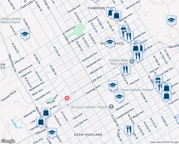 map of restaurants, bars, coffee shops, grocery stores, and more near 2507 North 25th Street in Waco