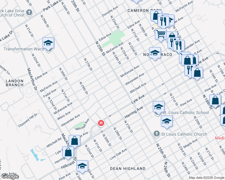 map of restaurants, bars, coffee shops, grocery stores, and more near 2628 Alexander Avenue in Waco
