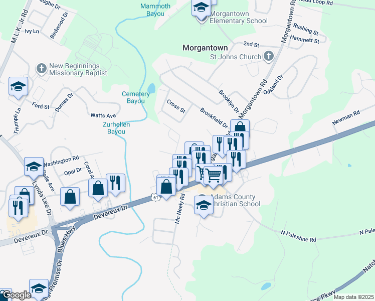 map of restaurants, bars, coffee shops, grocery stores, and more near 14 T Waring Bennett Junior Road in Natchez