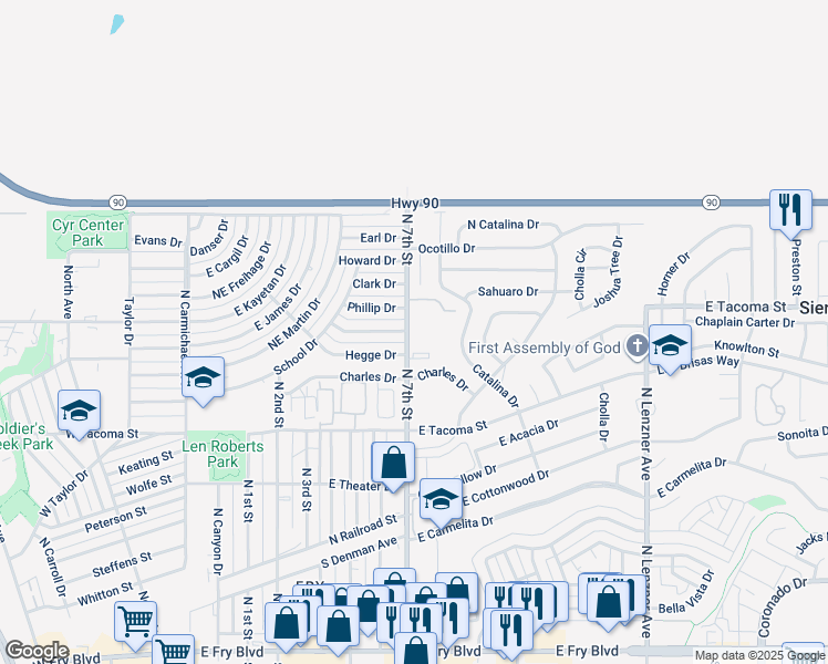 map of restaurants, bars, coffee shops, grocery stores, and more near 1125 North 7th Street in Sierra Vista