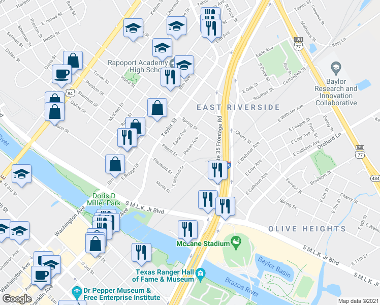 map of restaurants, bars, coffee shops, grocery stores, and more near 717 Pecan Avenue in Waco