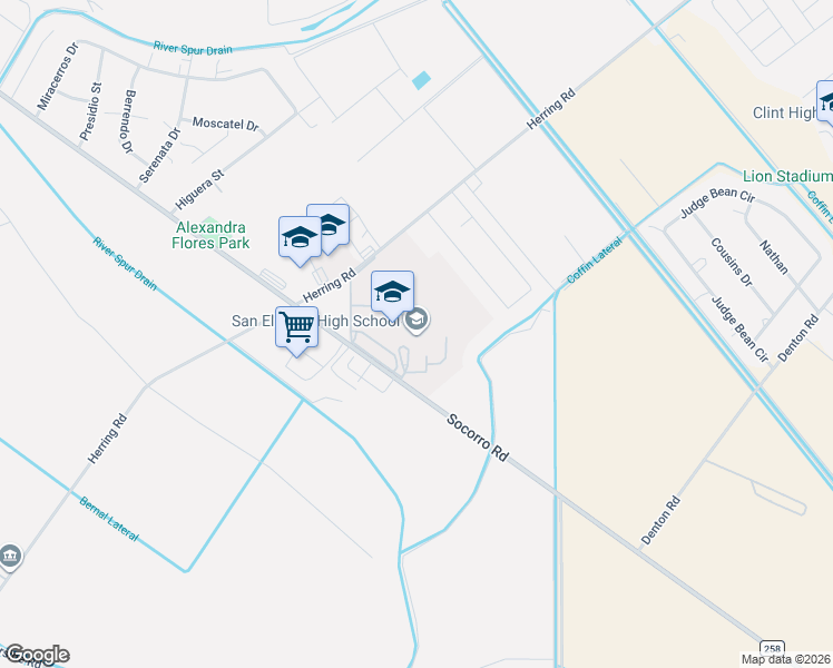 map of restaurants, bars, coffee shops, grocery stores, and more near 13981 Socorro Road in San Elizario