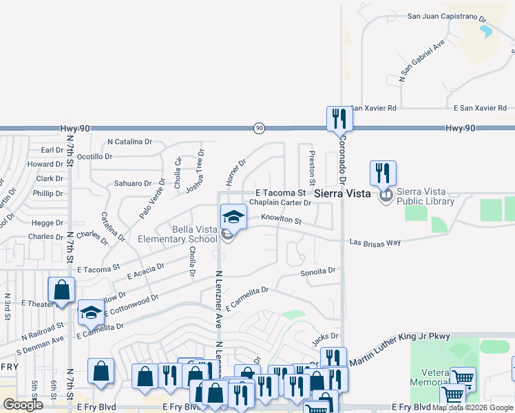 map of restaurants, bars, coffee shops, grocery stores, and more near 1008 Sam Kee Place in Sierra Vista