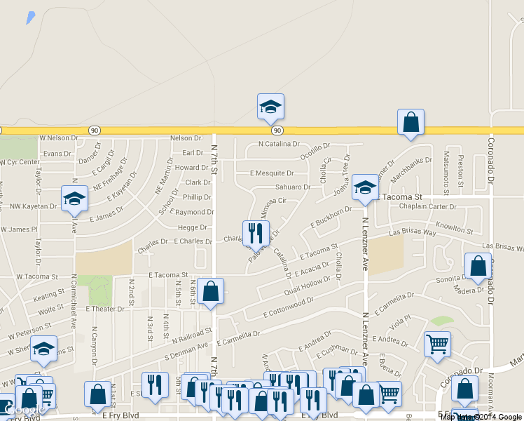 map of restaurants, bars, coffee shops, grocery stores, and more near 940 East Mimosa Circle in Sierra Vista