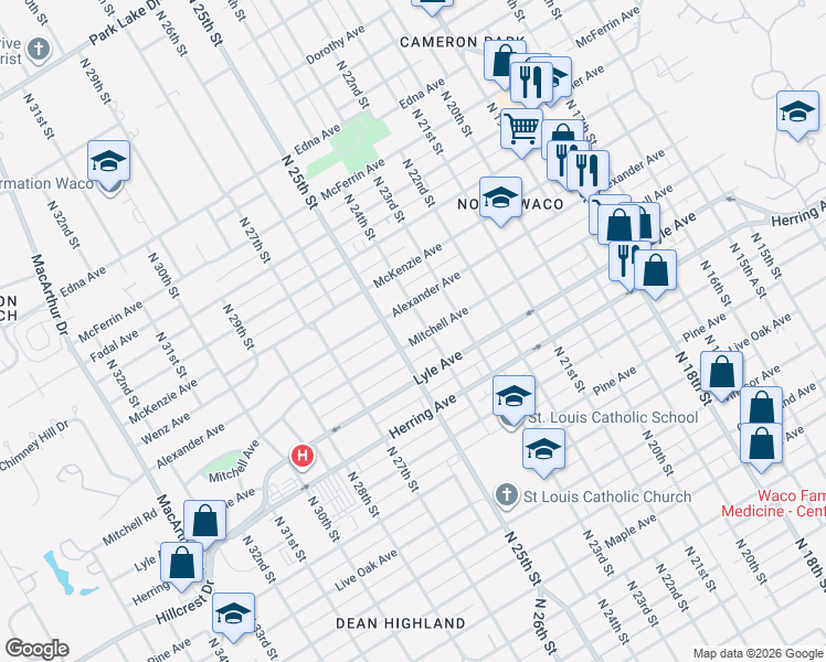 map of restaurants, bars, coffee shops, grocery stores, and more near 2318 Alexander Avenue in Waco