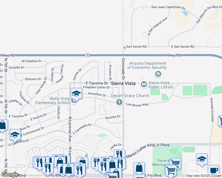 map of restaurants, bars, coffee shops, grocery stores, and more near 972 Leonard Wood Street in Sierra Vista