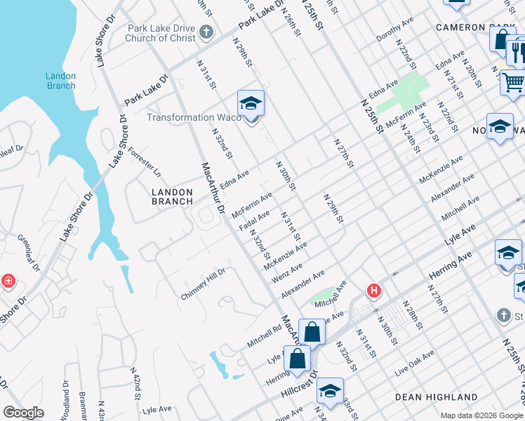 map of restaurants, bars, coffee shops, grocery stores, and more near 3117 McFerrin Avenue in Waco