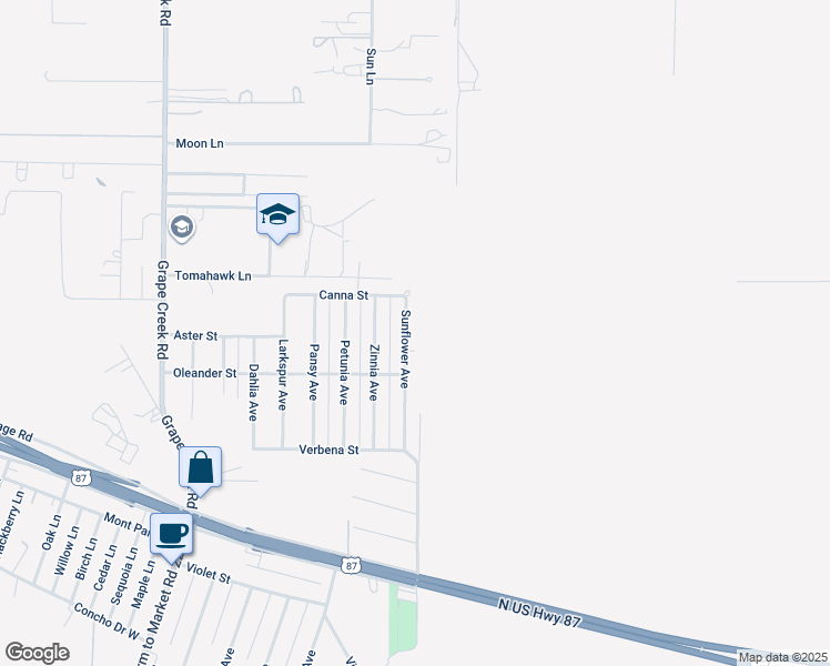 map of restaurants, bars, coffee shops, grocery stores, and more near 8626 Sunflower Avenue in San Angelo