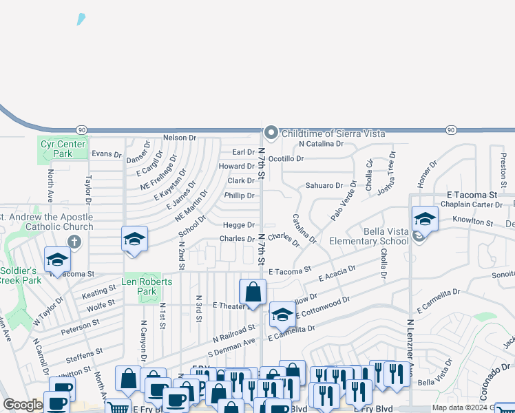 map of restaurants, bars, coffee shops, grocery stores, and more near 601 East Raymond Drive in Sierra Vista