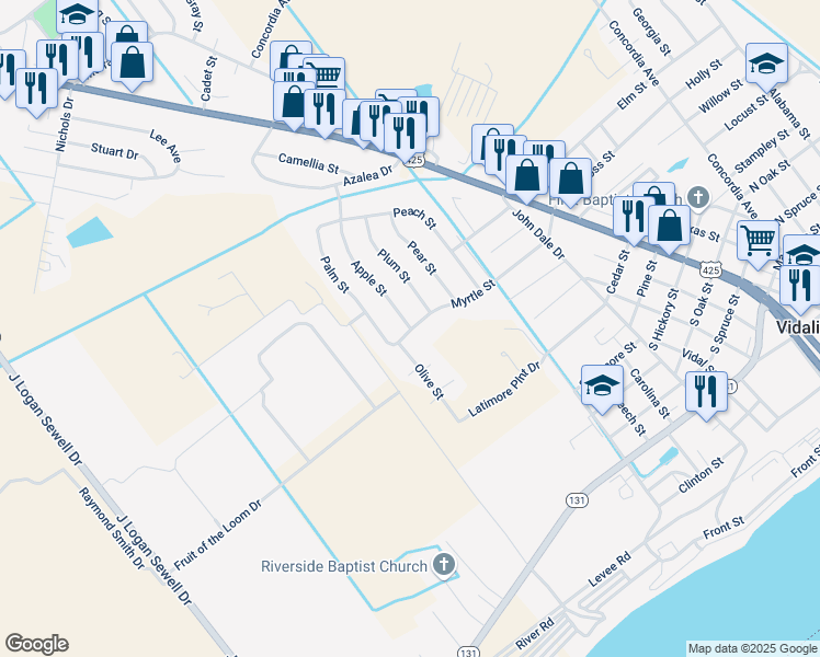 map of restaurants, bars, coffee shops, grocery stores, and more near 1231 Apple St in Vidalia