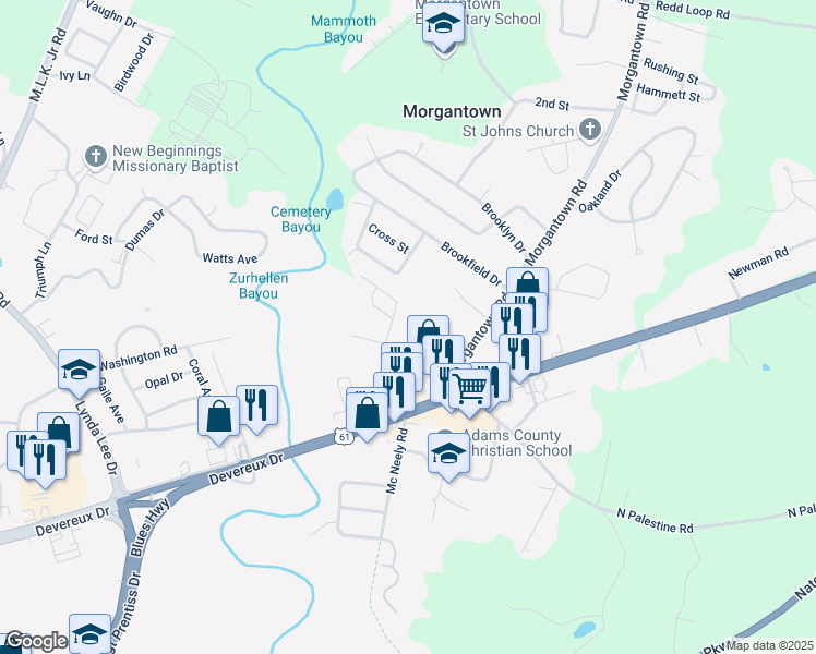 map of restaurants, bars, coffee shops, grocery stores, and more near 14 T Waring Bennett Junior Road in Natchez