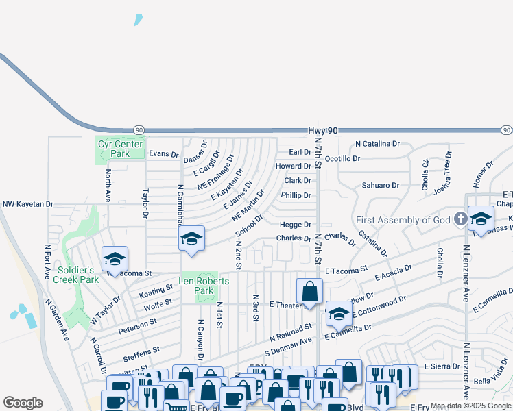 map of restaurants, bars, coffee shops, grocery stores, and more near 164 Northeast Martin Drive in Sierra Vista