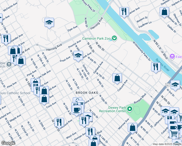 map of restaurants, bars, coffee shops, grocery stores, and more near 711 Garland Avenue in Waco