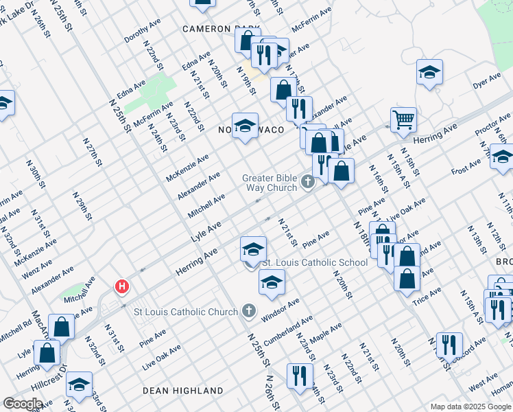 map of restaurants, bars, coffee shops, grocery stores, and more near 2121 Lyle Avenue in Waco