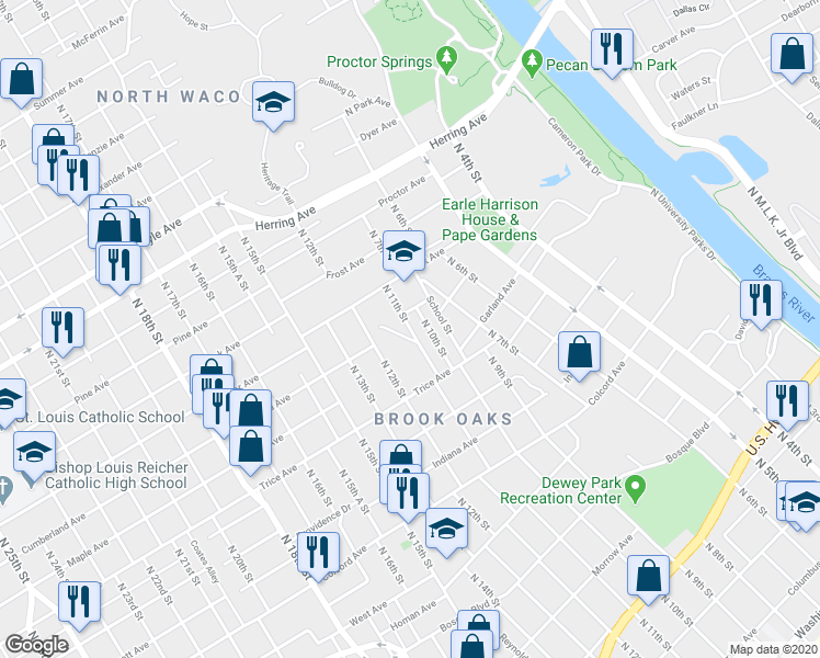 map of restaurants, bars, coffee shops, grocery stores, and more near 1899 North 11th Street in Waco