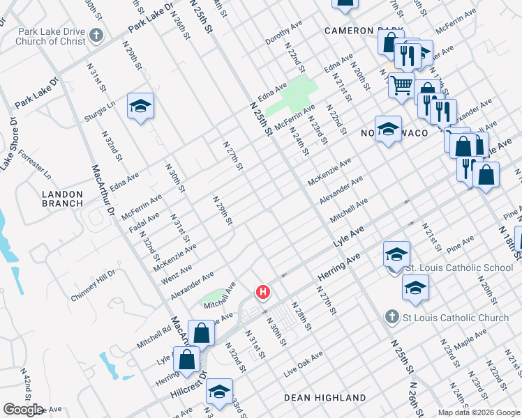 map of restaurants, bars, coffee shops, grocery stores, and more near 2617 McKenzie Avenue in Waco