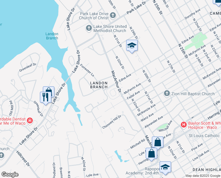 map of restaurants, bars, coffee shops, grocery stores, and more near 3317 Chimney Place Drive in Waco