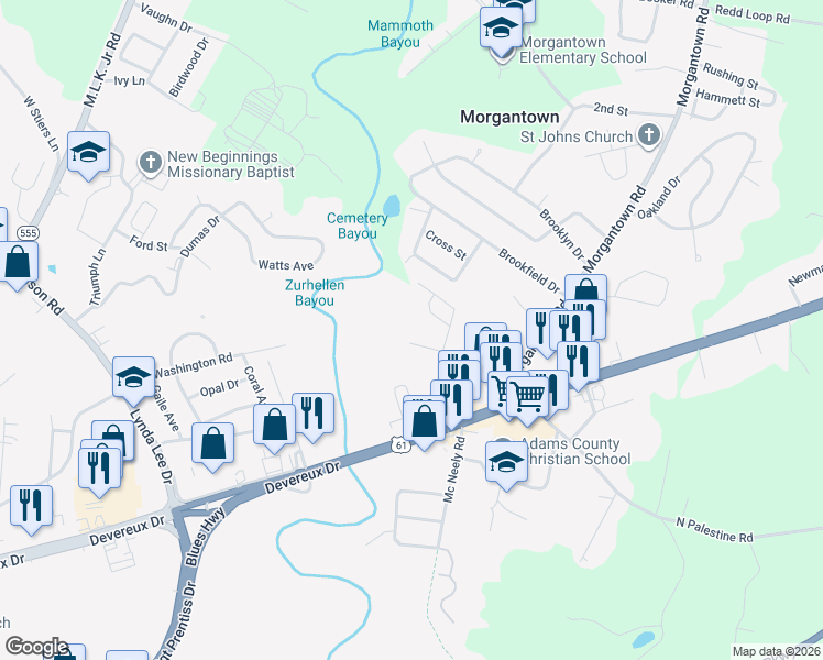 map of restaurants, bars, coffee shops, grocery stores, and more near 116 Covington Road in Natchez