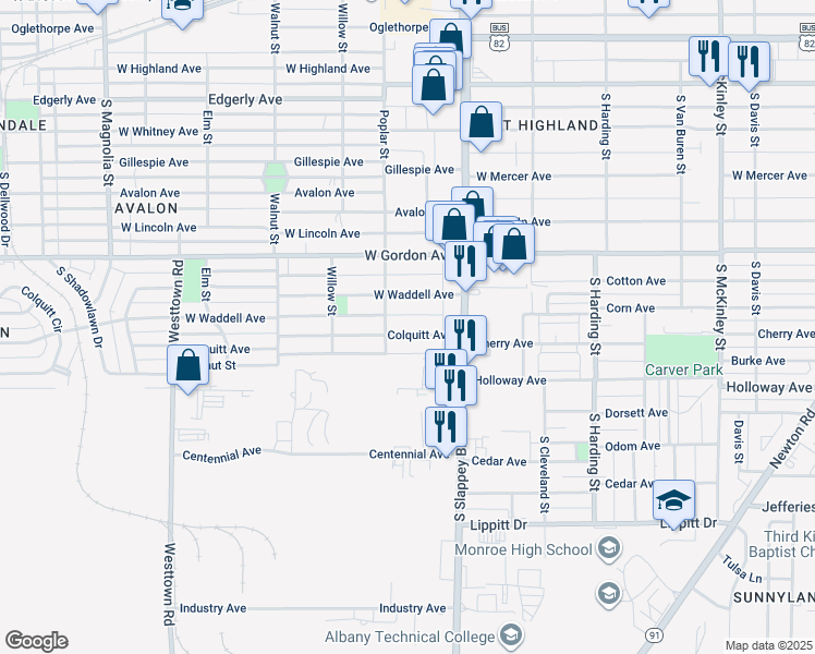 map of restaurants, bars, coffee shops, grocery stores, and more near 1117 Colquitt Avenue in Albany