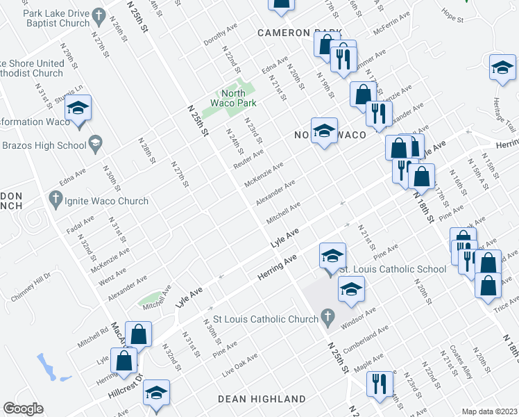 map of restaurants, bars, coffee shops, grocery stores, and more near 2412 Alexander Avenue in Waco
