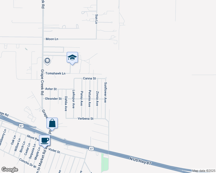 map of restaurants, bars, coffee shops, grocery stores, and more near 8626 Sunflower Avenue in San Angelo