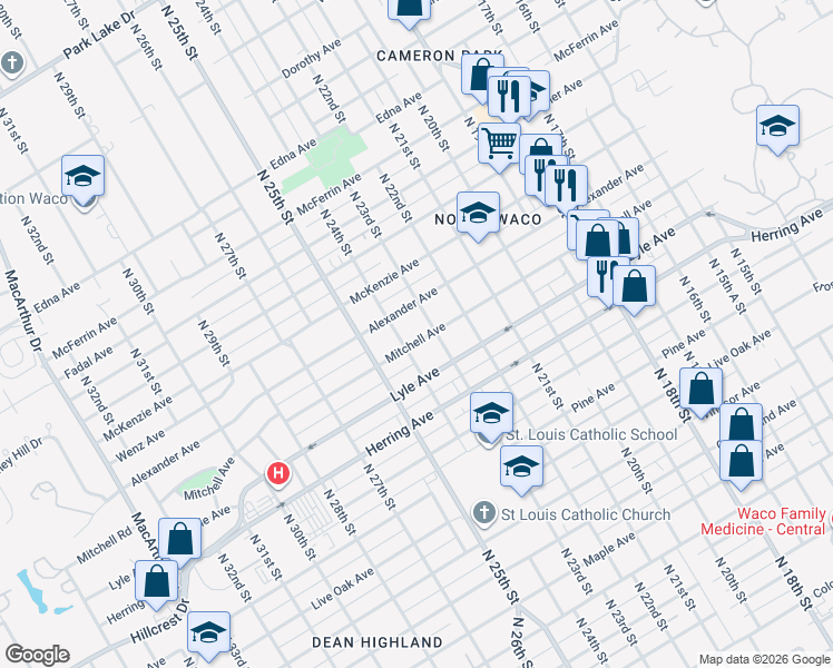 map of restaurants, bars, coffee shops, grocery stores, and more near 2318 Alexander Avenue in Waco