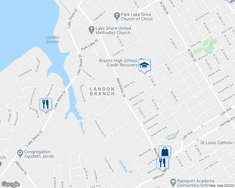 map of restaurants, bars, coffee shops, grocery stores, and more near 3309 Chimney Place Drive in Waco
