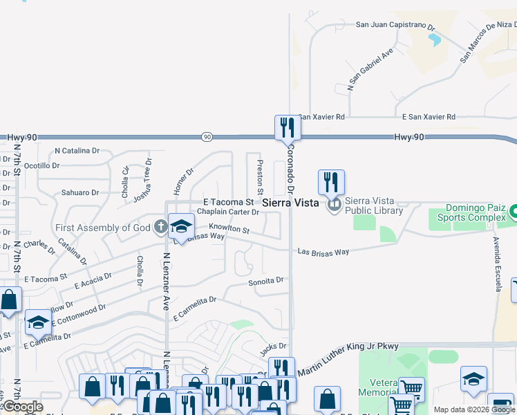 map of restaurants, bars, coffee shops, grocery stores, and more near 1045 East Tacoma Street in Sierra Vista