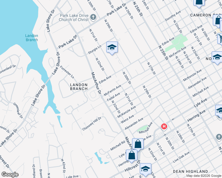 map of restaurants, bars, coffee shops, grocery stores, and more near 3117 McFerrin Avenue in Waco