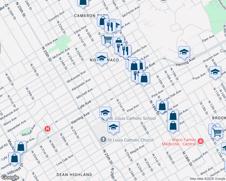 map of restaurants, bars, coffee shops, grocery stores, and more near 2026 Lyle Ave in Waco