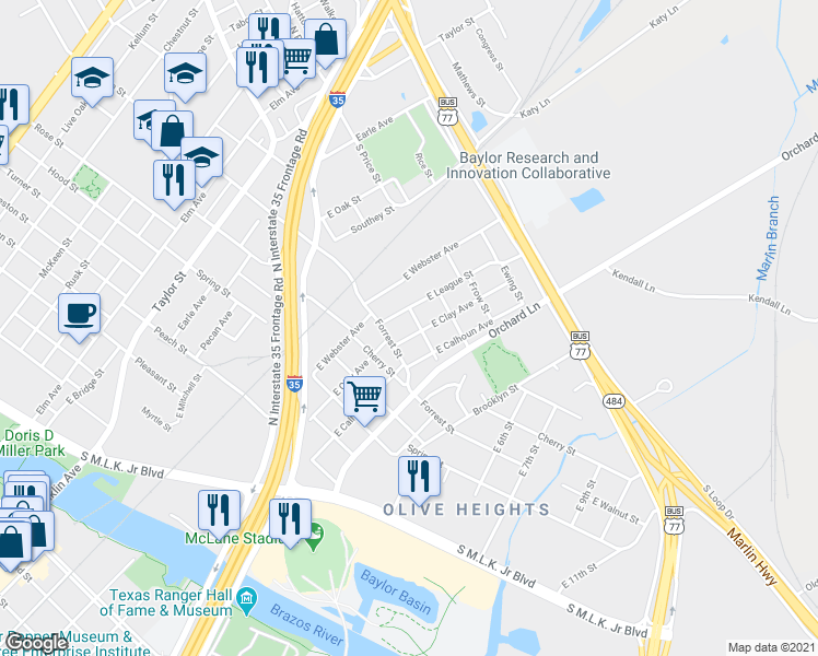 map of restaurants, bars, coffee shops, grocery stores, and more near 1208 East Clay Avenue in Waco