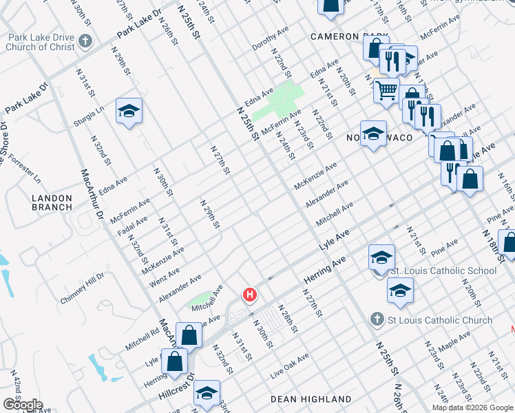 map of restaurants, bars, coffee shops, grocery stores, and more near 2617 McKenzie Avenue in Waco