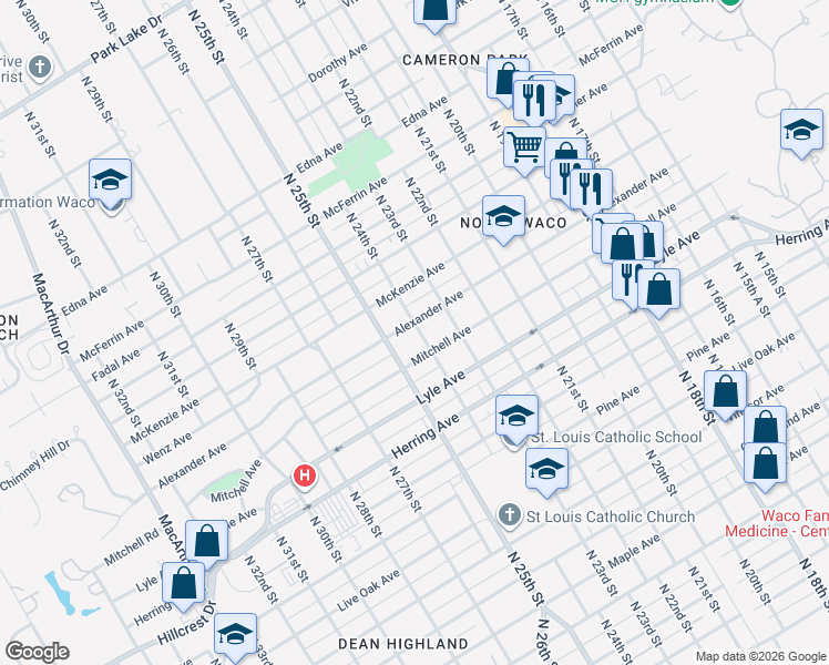 map of restaurants, bars, coffee shops, grocery stores, and more near 2318 Alexander Avenue in Waco