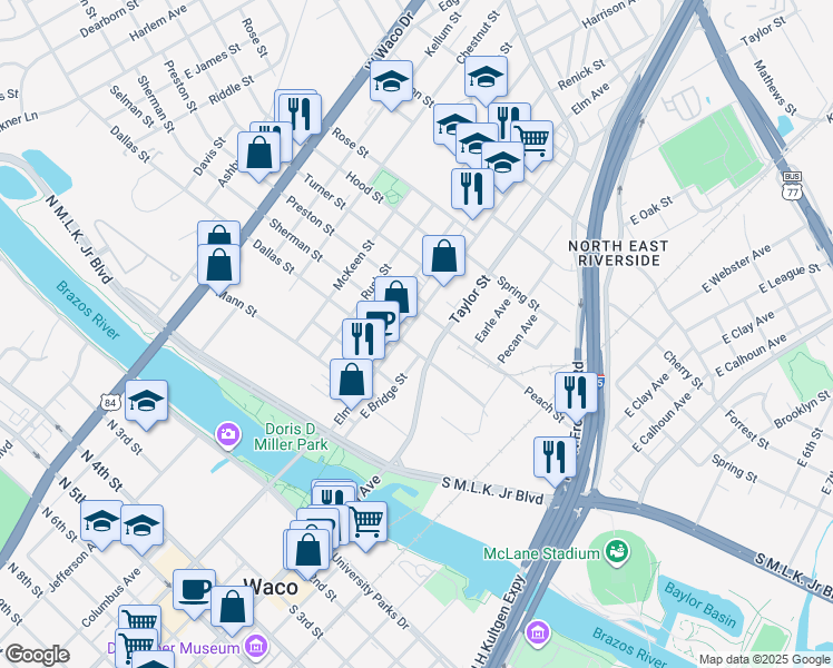 map of restaurants, bars, coffee shops, grocery stores, and more near 509 Elm Avenue in Waco