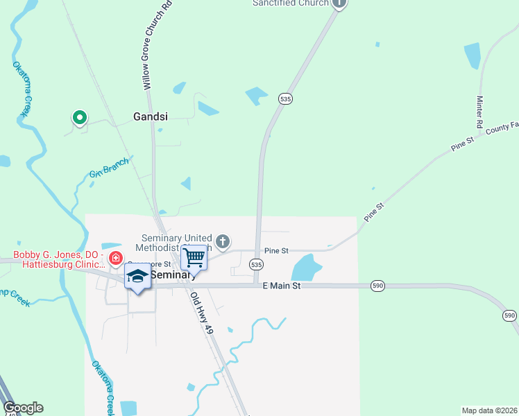 map of restaurants, bars, coffee shops, grocery stores, and more near Mississippi 535 in Seminary