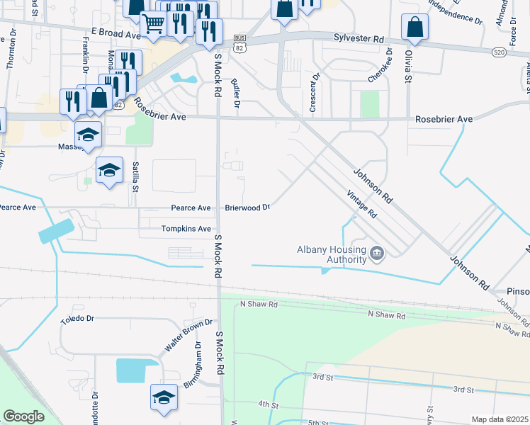 map of restaurants, bars, coffee shops, grocery stores, and more near 2414 Brierwood Drive in Albany
